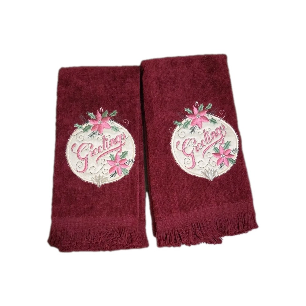 2 Vintage New Old Stock Holiday Fingertip Towels Applique Christmas "Greetings"